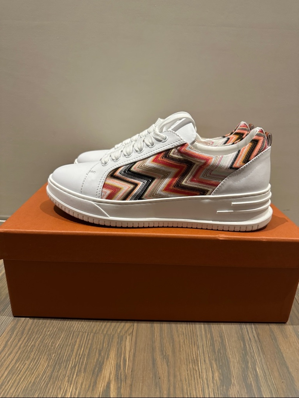 Missoni White Sneakers with Orange, Black & Pink Zigzag